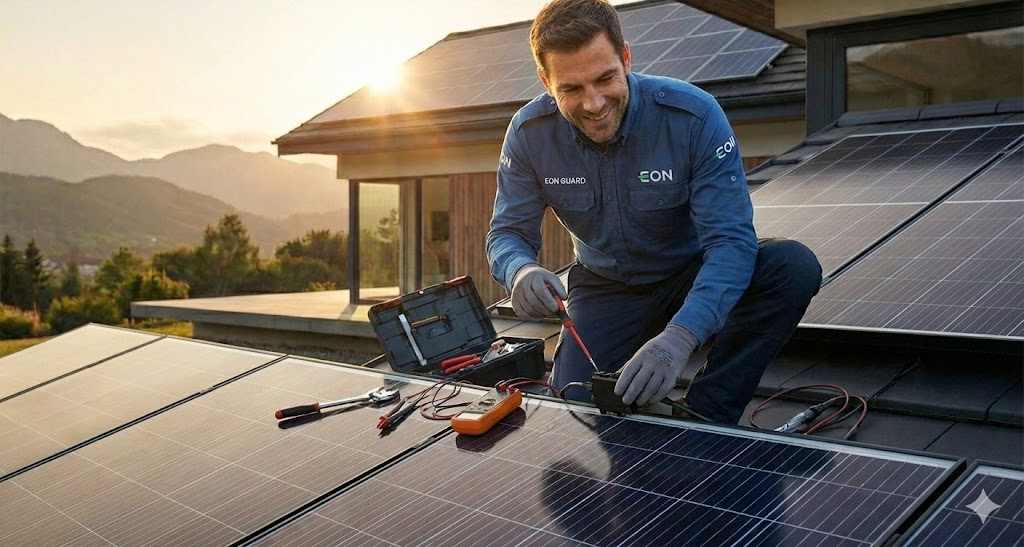 Profesionální servisní prohlídka fotovoltaické elektrárny technikem E.ON